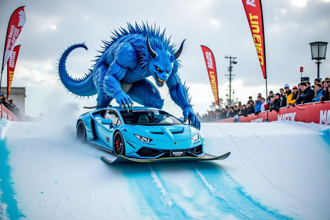 A massive blueton monster performing a freestyle snowboarding trick, using a full-sized Lamborghini car as its snowboard. The car, in its original shape, slides across the snow-covered halfpipe with the monster balancing effortlessly on top. A cheering crowd watches in amazement, vibrant flags and banners fluttering in the wind. The Lamborghini glimmers in blueton hues, complementing the monstrous and powerful presence of the rider.