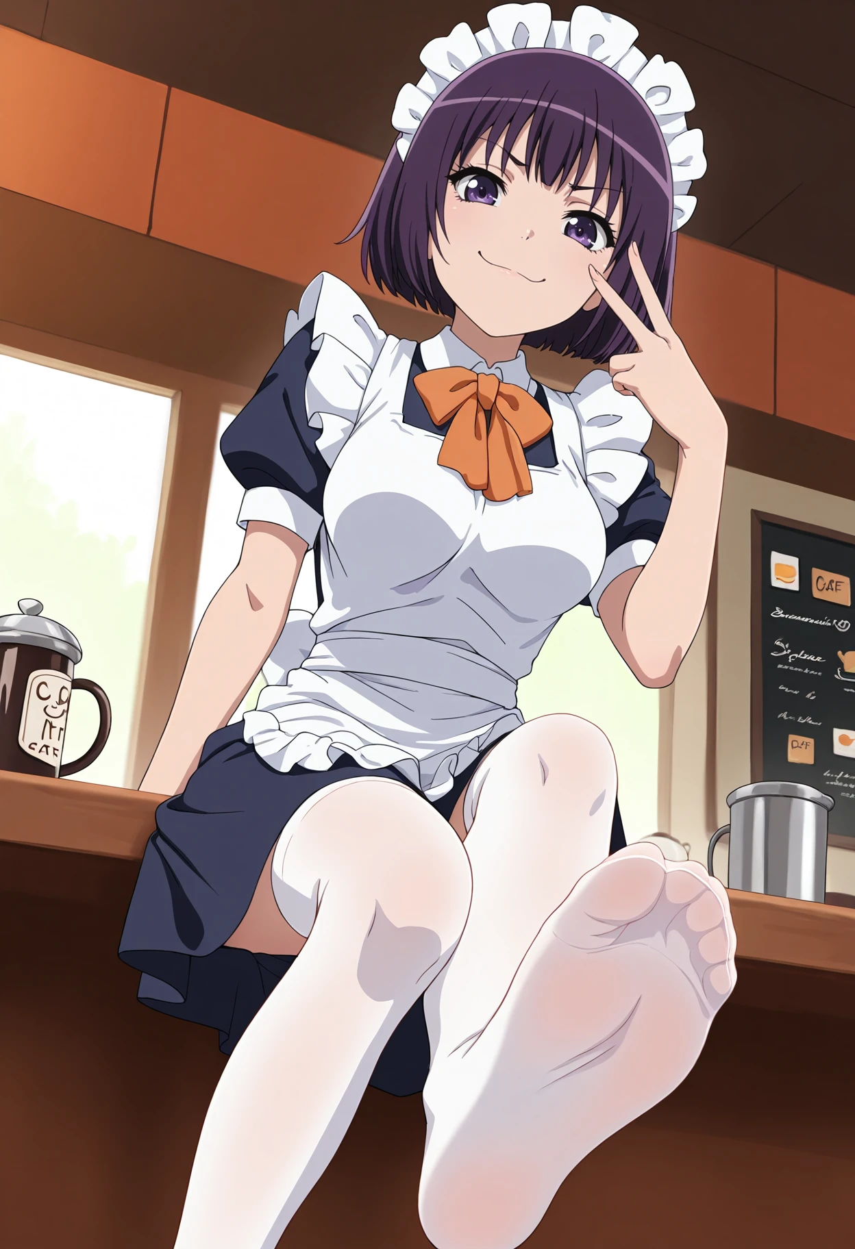 masterpiece, best quality, 1girl, solo,
<lora:Satsuki_Hyoudou_Kaichou_wa_Maid-sama_IL_V1:1>, KJOsatsuki, purple hair, purple eyes, short hair, 
maid, maid headdress, orange bow, maid apron, white thighhighs, feet, 
sitting, counter, from below, smug, peace sign, 
cafe, 
(Beautiful, medium Breasts:1.2),