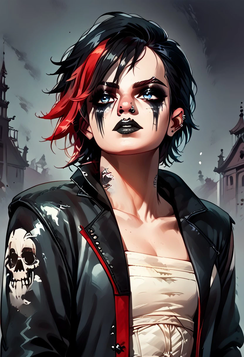 female focus, solo focus, solo, score_9, score_8_up, score_7_up, <lora:VIS2OutfitsV1.5:1> 1girl, GothVIv1, GothVifullmakeup, makeup, heavy makeup, facepaint, sarashi, piercing, short hair, bandages, jacket, black lips, blue eyes, detaield eyes, black hair, multicolored hair, red hair,