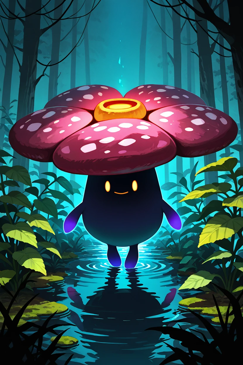 masterpiece, best quality,   Vileplume, solo, no humans, <lora:VileplumePokedexIXL:1.0>,   toxic swamp, glowing purple mist, murky water, bioluminescent plants, eerie neon glow, dark atmosphere, large flower emitting spores, dangerous beauty, ominous environment, cinematic lighting, foreboding