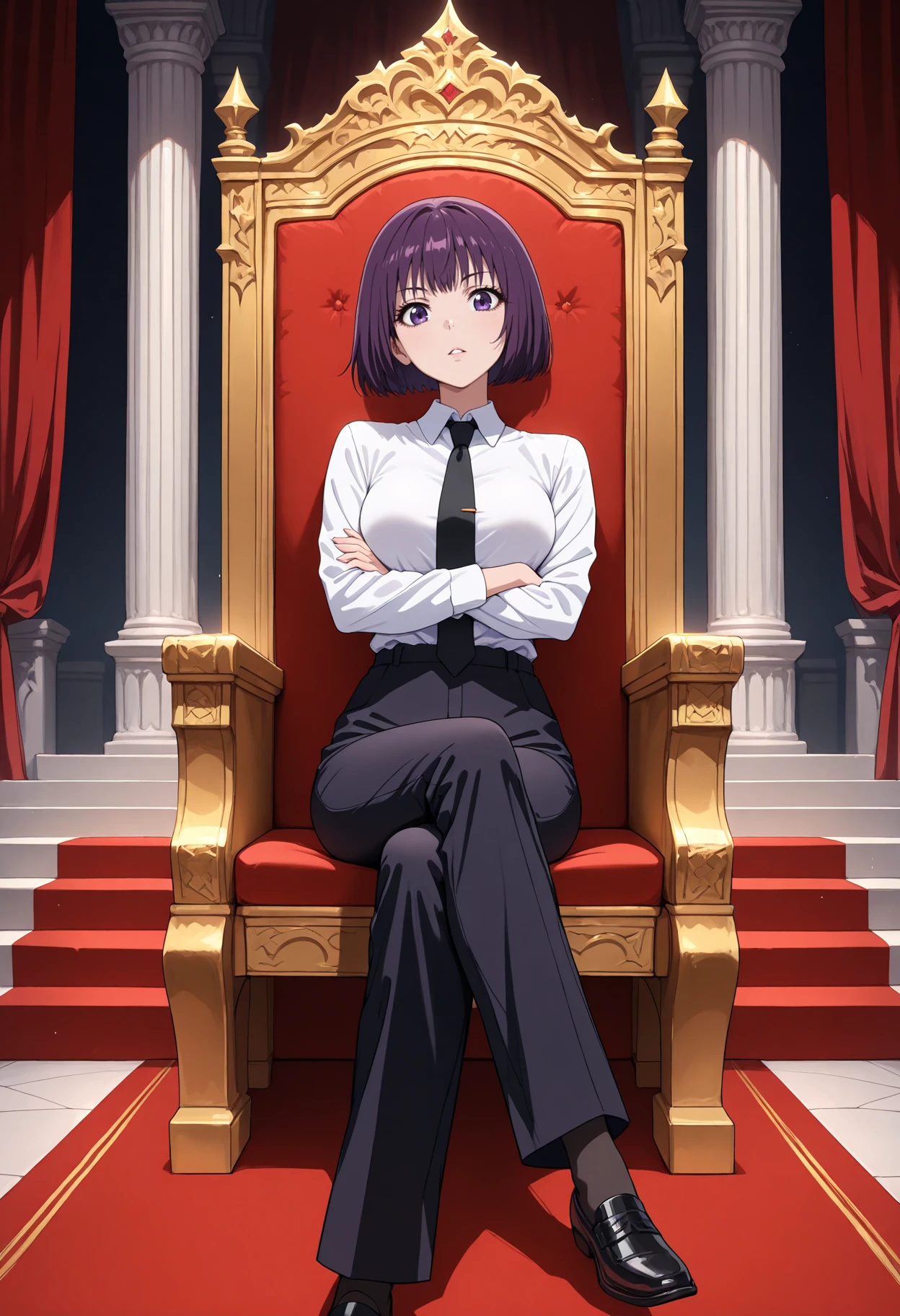 masterpiece, best quality, 1girl, solo,
<lora:Satsuki_Hyoudou_Kaichou_wa_Maid-sama_IL_V1:1>, KJOsatsuki, purple hair, purple eyes, short hair, 
White collared shirt, black necktie, black pants, long sleeves,
sitting on throne, crossed arms, looking at viewer, parted lips, crossed legs,
throne room, throne, red carpet, stairs, pillars, curtains,
(Beautiful, medium Breasts:1.2),