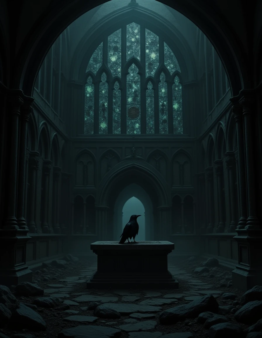 An abandoned gothic cathedral bathed in moonlight, with shattered stained glass windows casting eerie colors and a single raven perched on the altar. <lora:Epic_DarkStyle_fp8:1>