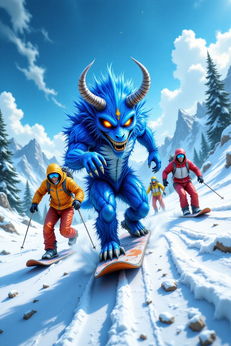 blueton monster, A playful snowboarding scene with a group of friends racing downhill, colorful jackets and gear contrasting against the pristine white snow, under a bright sunny sky.