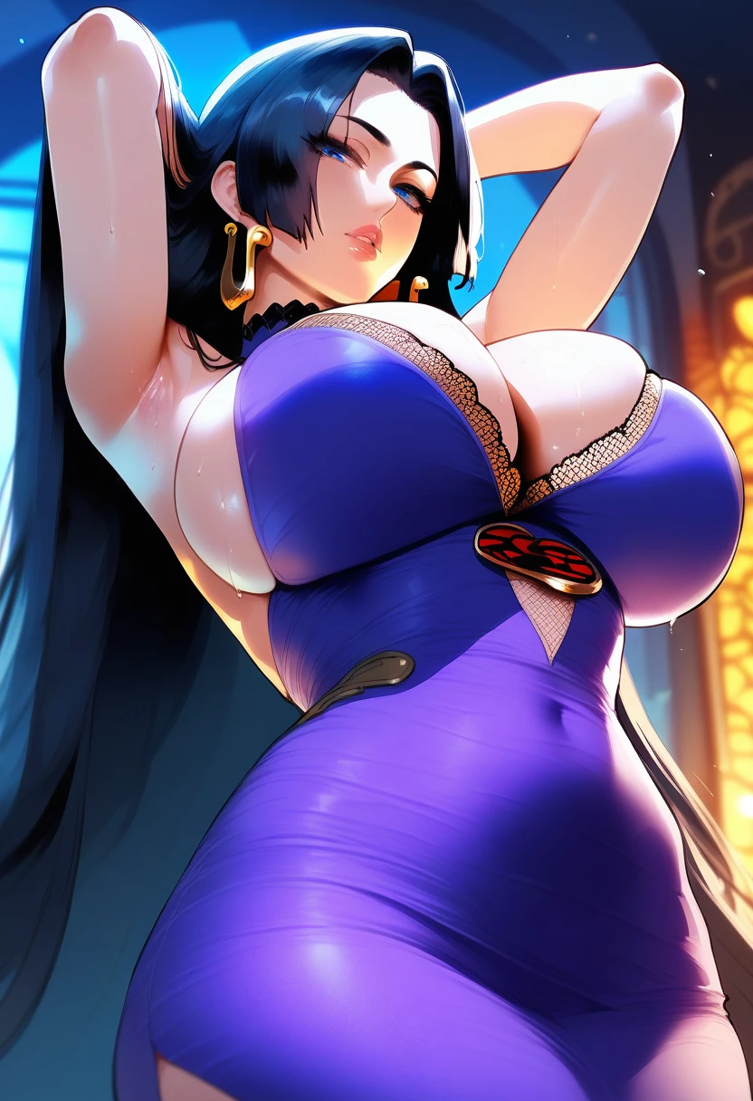 score_9, score_8_up, score_7_up, score_6_up, source_anime,<lora:CMN(Pony)0.1v:1>,
1girl, breasts, boa hancock, dress, jewelry, blue eyes, earrings, long hair, black hair, solo, armpits, purple dress, looking at viewer, arms up, cleavage, from below, large breasts, sleeveless, arms behind head, sleeveless dress, parted lips, huge breasts, looking down, very long hair