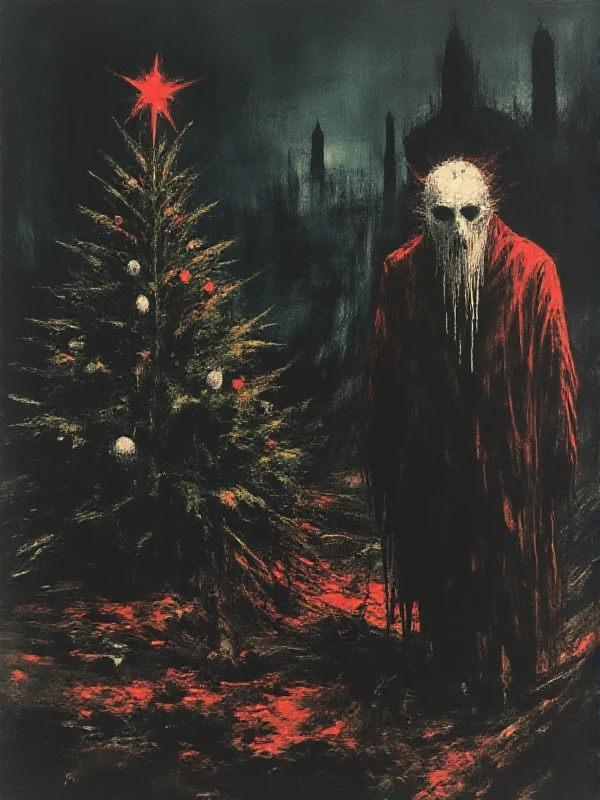 <lora:Dark_Style:0.9> dark style, horror, silhouette, sant claus carries gifts next to a chrismas tree