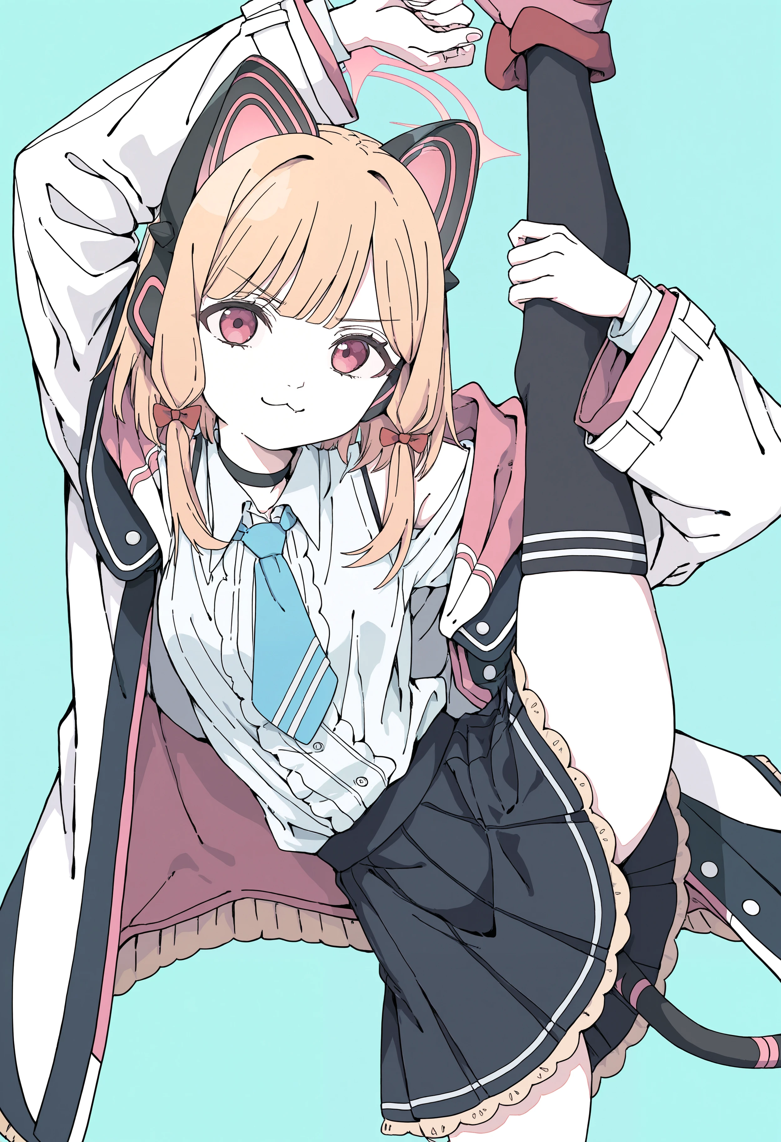 masterpiece, absurdres, newest, very awa, 1girl, solo, momoi \(blue archive\), cat ear headphones, fake animal ears, white shirt, off-shoulder white jacket, frilled shirt, blue necktie, thighighs, fake tail, black skirt, halo, standing on one leg, standing split, v-shaped eyebrows, :3, arms up, aqua background, <lora:haku_geroda>,