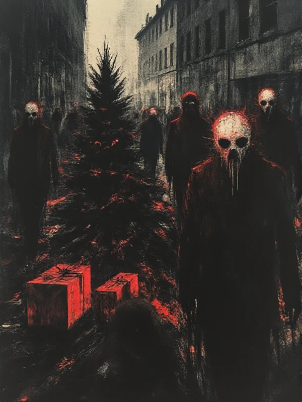 <lora:Dark_Style:0.9> dark style, horror, silhouette, sant claus carries gifts next to a chrismas tree