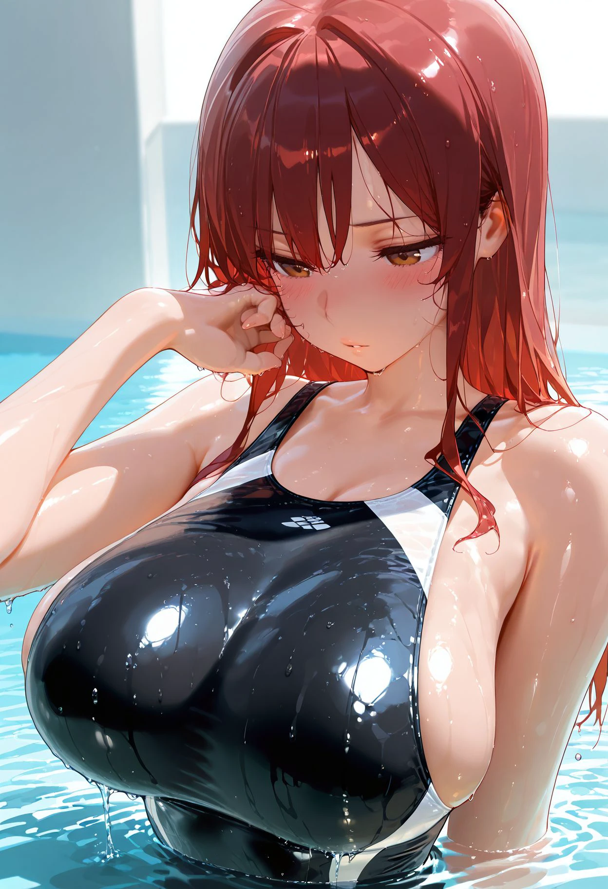 masterpiece,best quality,amazing quality,<lora:AIイラストおじさん_style_illustrious_goofy:1>1girl, bare shoulders, black one-piece swimsuit, blush, breasts, brown eyes, closed mouth, hand up, large breasts, long hair, one-piece swimsuit, parted lips, partially submerged, red hair, shiny clothes, shiny skin, solo, swimsuit, water, water drop, wet