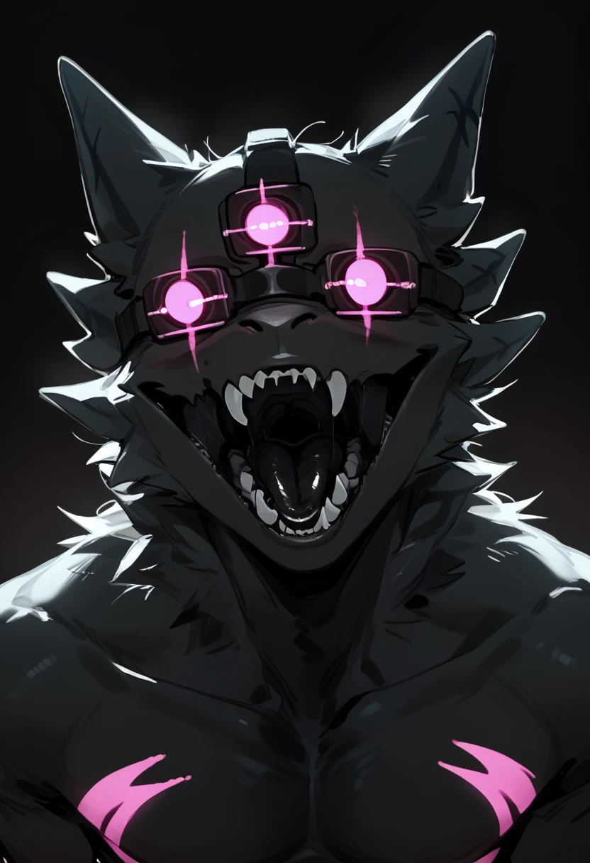 score_9, score_8_up, score_7_up, n1ghtcrawler, furry, solo, anthro, black body, male, looking at viewer, seductive, simple background, seductively looming over viewer, dark background, scary, open mouth, black tongue, glowing,  <lora:NightCrawler_Kaiju_Paradise:1>