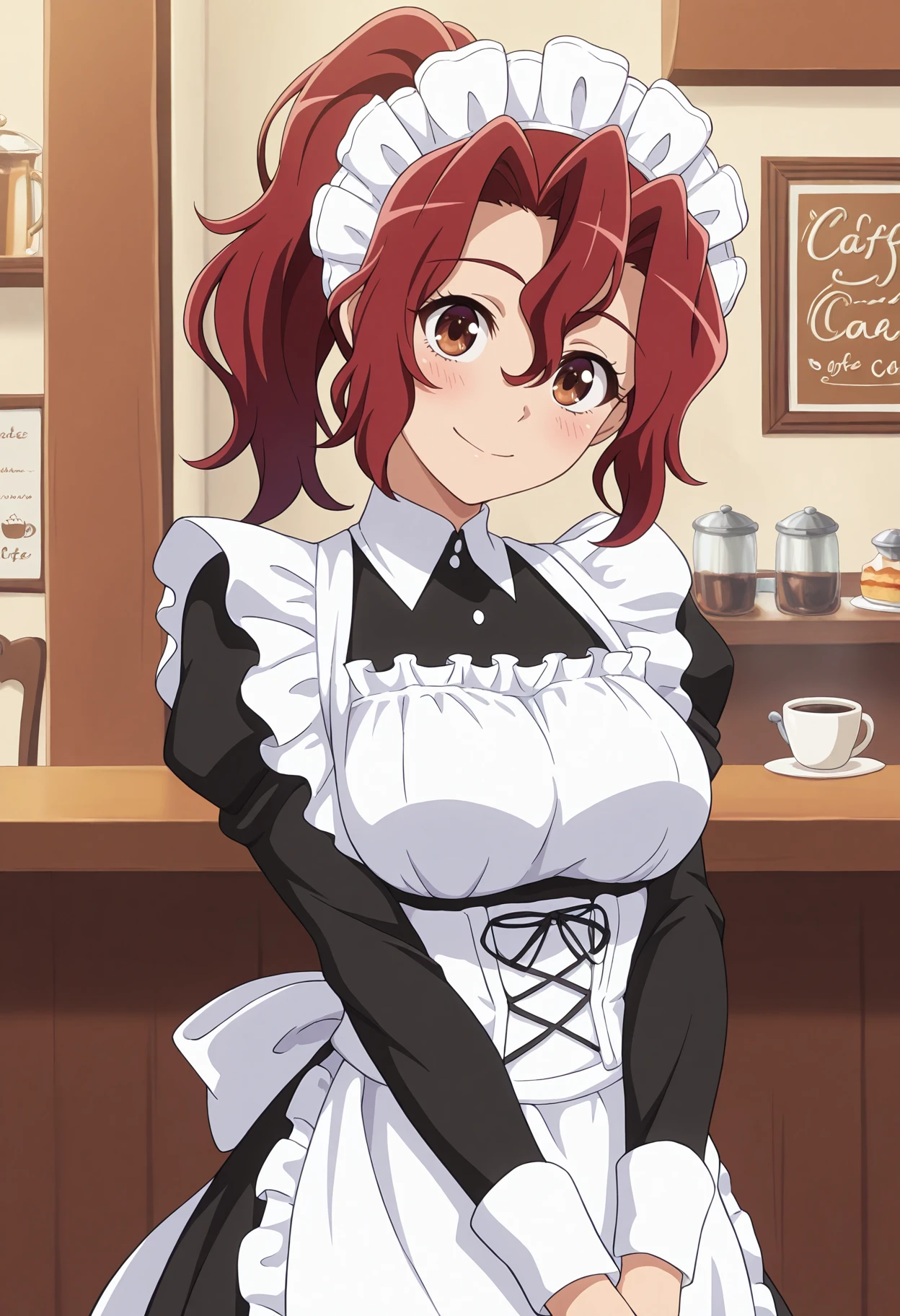 masterpiece, best quality, 1girl, solo,
<lora:Erika_Ono_Kaichou_wa_Maid-sama_IL_V1:1>, KJOerika, red hair, brown eyes, ponytail, hair between eyes, 
maid headdress, maid apron, 
own hands together, smile, blush, head tilt, closed mouth, 
café, 
(Beautiful, medium Breasts:1.2),