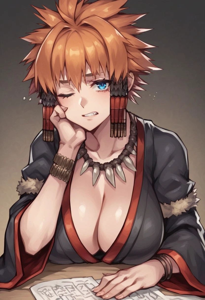 score_9, score_8_up, score_7_up,
source_vanillaware, 
1girl, solo,
SelvieUA, light-orange hair, short hair, spiky hair, big breasts, blue eye, wink,
necklace, bracelets, shaman clothing,
tooth necklace, fur-trimmed arm-bands, bronze bracelets, wide sleeves, baggy sleeves, black sleeves, black kimono, cleavage,
sleepy, slouching, hand on chin, looking at viewer,
tavern, table in front,