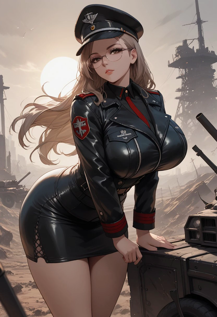 Score_9, score_8_up, score_7_up, score_6_up BREAK 1girl, solo, black and red military uniform, long hair, light brown hair, huge breasts, leather jacket, black leather skirt, curvy, hat, glasses, bending over, daytime, battlefield, apocalyptic, highly detailed, beautiful art, beautiful background, beautiful lighting