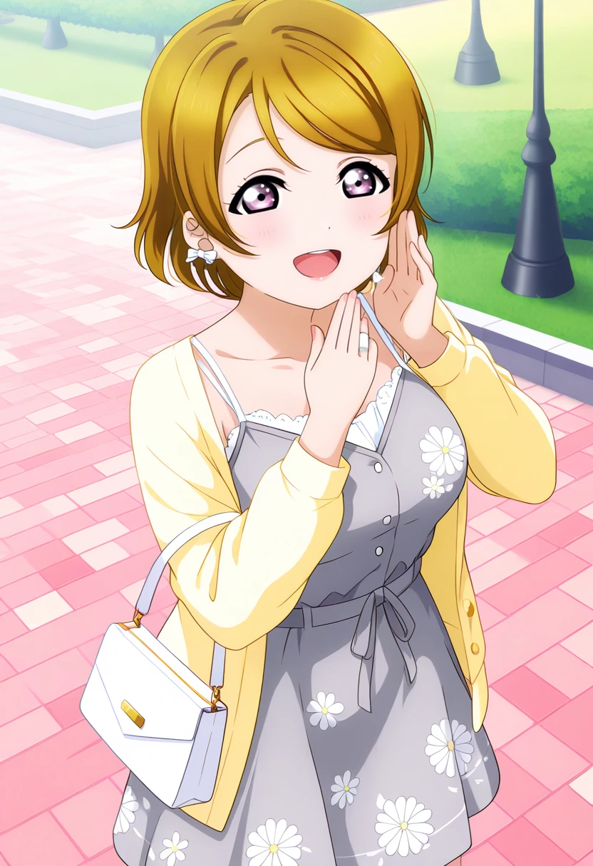 masterpiece, best quality, 1girl, solo, cowboy shot, <lora:ill_hanayo_k:1>, lovelive_hanayo, cowboy shot, yellow cardigan, camisole dress, grey dress, floral print dress, handbag, large breasts, brown hair, swept bangs, short hair, purple eyes, looking at viewer, laughing, park