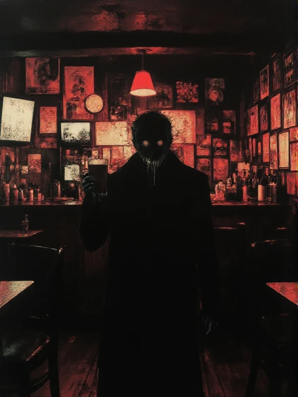 <lora:Dark_Style:0.9> dark style, horror, silhouette, a man holds a beer in a pub