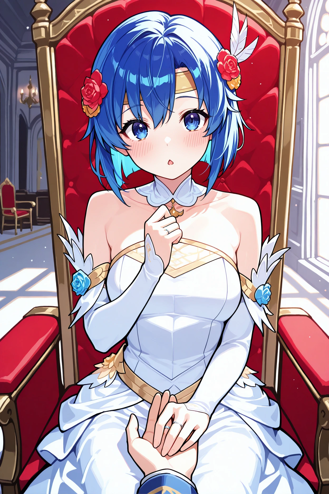 masterpiece, best quality, 1girl, solo, <lora:fecatria-illu-nvwls-v1-000005:1> brdCt, blue hair, medium hair, blue eyes, hair flower, red flower, feather hair ornament, white headband, detached collar, wedding dress, detached sleeves, strapless, sitting, fancy chair, mansion, hand up, proposal, wedding ring, pov hand, blush, chestnut mouth, looking at viewer