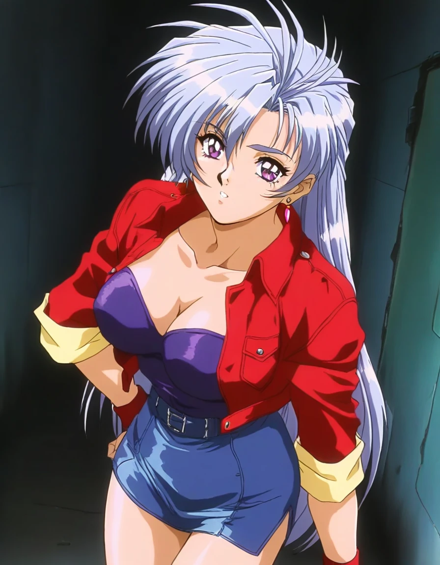 masterpiece, best quality, good quality, <lora:Serizawa_Mio_OVA_IS:1>Serizawa_Mio_OVA, 1girl, long hair, grey hair, jewelry, earrings, breasts, large breasts, purple hair, purple eyes, cropped jacket, pencil skirt,  1990s (style),
Abandoned school building, room.