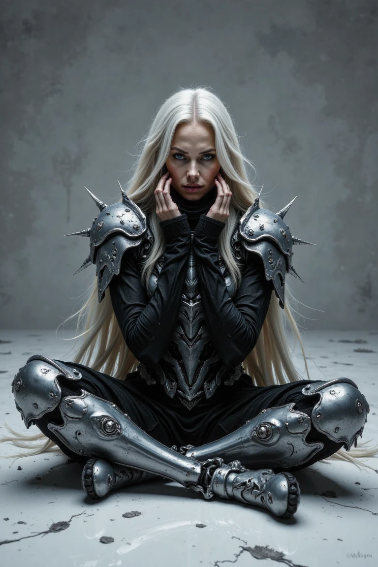 Against a dramatic grey backdrop, a woman with striking blonde hair sits poised on a gleaming white surface. Her long, straight locks cascade down her back like a river of moonlight. A black sweater with silver sequins catches the light, its intricate design shimmering like armor. Her legs are crossed, hands cradling her head as she embodies the strength and serenity of a warrior at rest.,north_rest