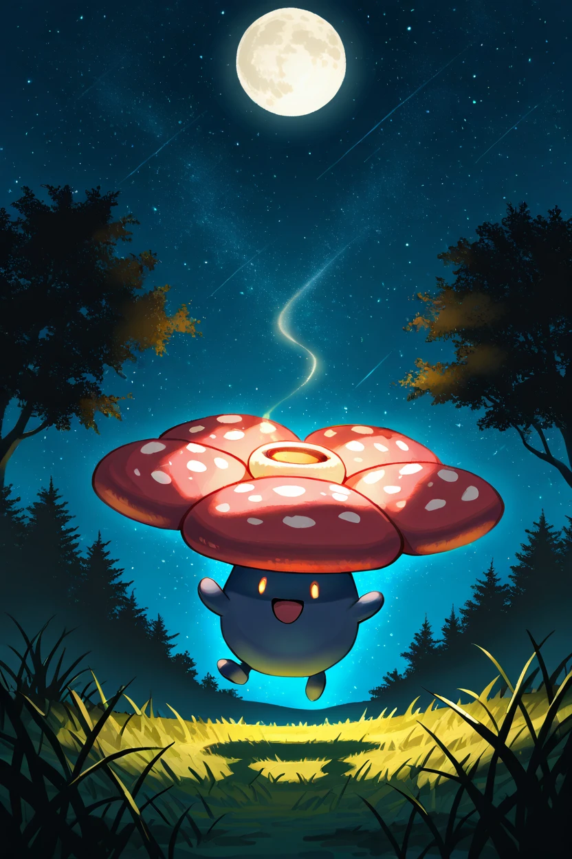 masterpiece, best quality,   Vileplume, smile, open mouth, full body, :d, outdoors, sky, tree, night, moon, happy, grass, star (sky), night sky, full moon, starry sky, jumping,  glowing,  ,<lora:VileplumePokedexIXL:1.0>,