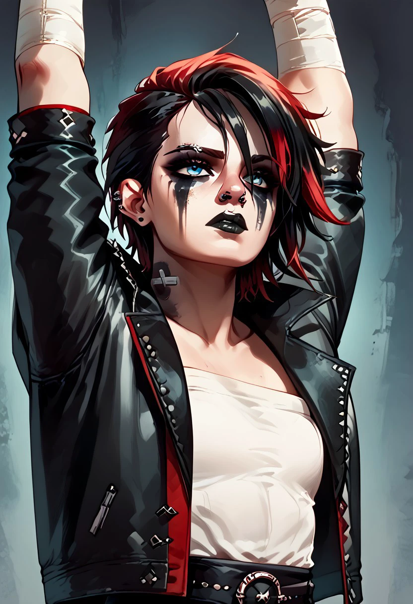 female focus, solo focus, solo, score_9, score_8_up, score_7_up, <lora:VIS2OutfitsV1.5:1> 1girl, GothVIv1, GothVifullmakeup, makeup, heavy makeup, facepaint, sarashi, piercing, short hair, bandages, jacket, black lips, blue eyes, detaield eyes, black hair, multicolored hair, red hair, cammystretch, stretching, arms up