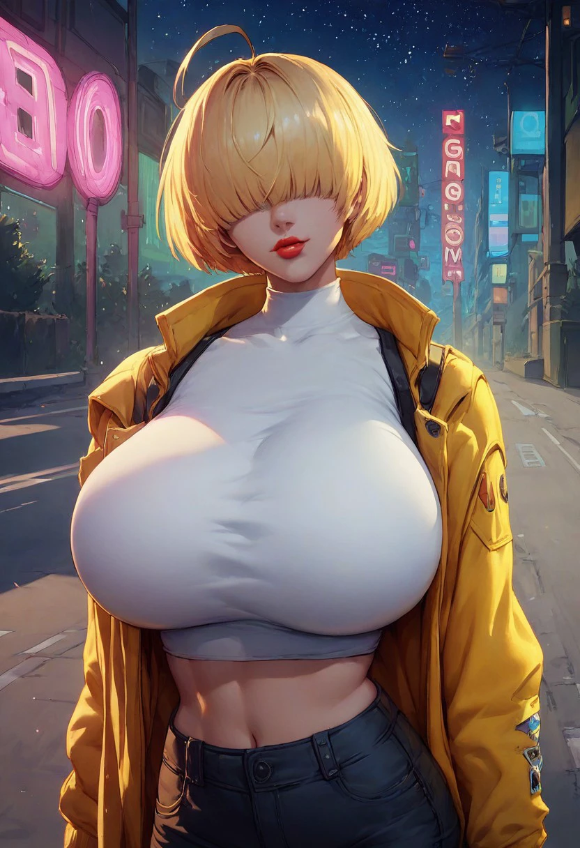 Score_9, score_8_up, score_7_up, score_6_up BREAK 1girl, solo, short hair, blonde hair, fringe, covered eyes, lipstick, ahoge, midriff, huge breasts, white shirt, yellow jacket, miniskirt, futuristic, gamer accessories, sci-fi, neon street, exterior, night, stars, highly detailed, beautiful art, beautiful background, beautiful lighting