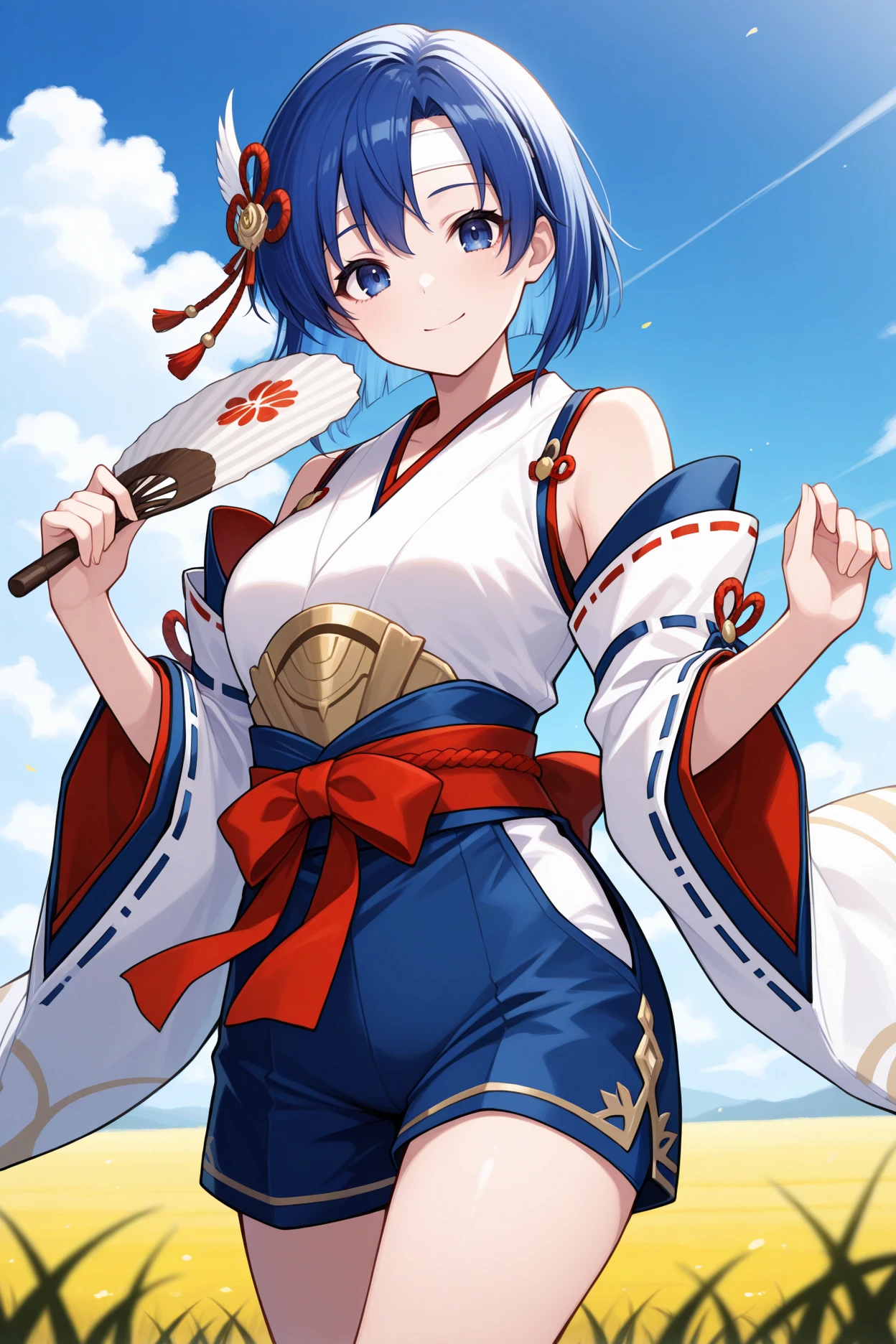 masterpiece, best quality, 1girl, solo,  <lora:fecatria-illu-nvwls-v1-000005:1> wndCt, blue hair, medium hair, blue eyes, white headband, japanese clothes, sash, white kimono, bare shoulders, wide sleeves, blue shorts, holding hand fans, looking at viewer, smile, hands up, cloud trails, field