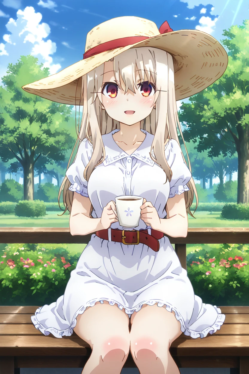 masterpiece, best quality, large breasts, (curvy),  ,,, illyasviel von einzbern, 1girl, belt, blonde hair, blue sky, cloud, cloudy sky, cup, day, dress, hair between eyes, hat, headwear request, holding, holding cup,  long hair, open mouth, outdoors, red eyes, short sleeves, sidelocks, sitting, sky, solo, tree smile, looking at viewer,<lora:PrismaIllyaIXL_v2:1.0>,