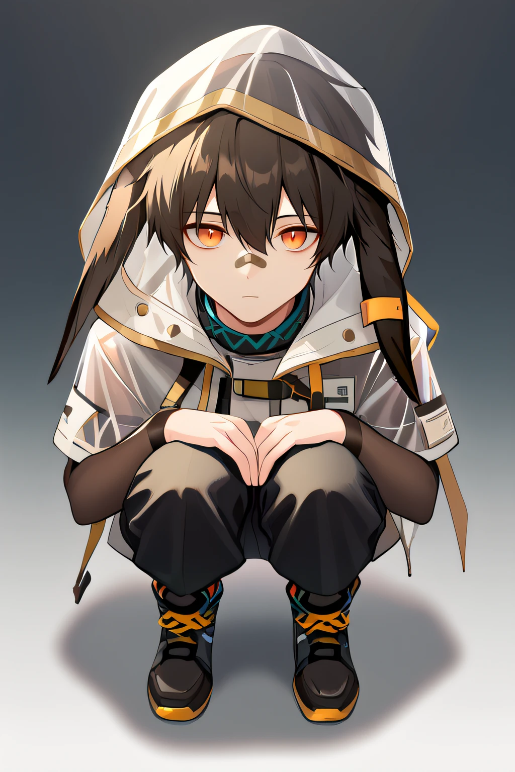 score_9, score_8_up, score_7_up, source_anime, rating_safe, intricate details, 1boy, solo, <lora:Ayerscarpe:1>, ayerscarpe, orange eyes, bishounen, medium hair, floppy rabbit ears, black ears, bandaid on nose, hood, layered sleeves, see-through, short over long sleeves, infection monitor (arknights), black pants, black shoes, squatting, from above, expressionless, hands on knees