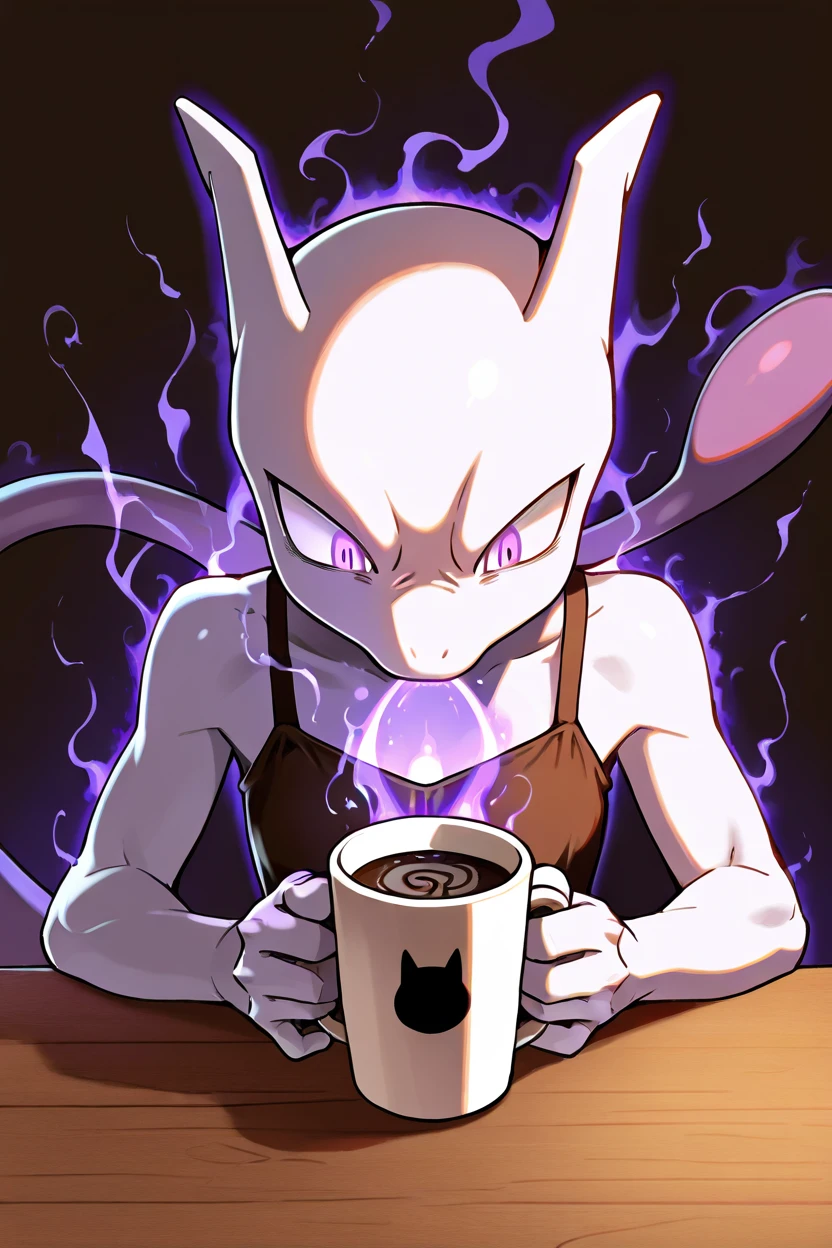 masterpiece, best quality,    <lora:MewtwoPokedexIXL:1.0>,  zzMewtwo, solo, no humans,   sipping coffee, sitting at a table, casual outfit, tired expression, oversized coffee mug, psychic powers holding the cup, glowing psychic aura around the mug, café background, relaxed, humorous, everyday life