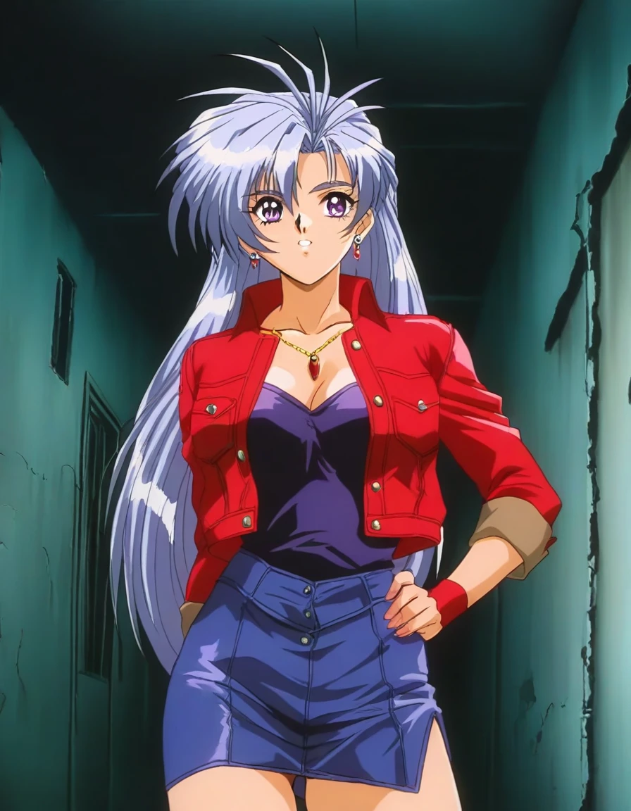 masterpiece, best quality, good quality, <lora:Serizawa_Mio_OVA_IS:1>Serizawa_Mio_OVA, 1girl, long hair, grey hair, jewelry, earrings,  large breasts, purple hair, purple eyes, cropped jacket, pencil skirt,  1990s (style),
Abandoned school building, room.