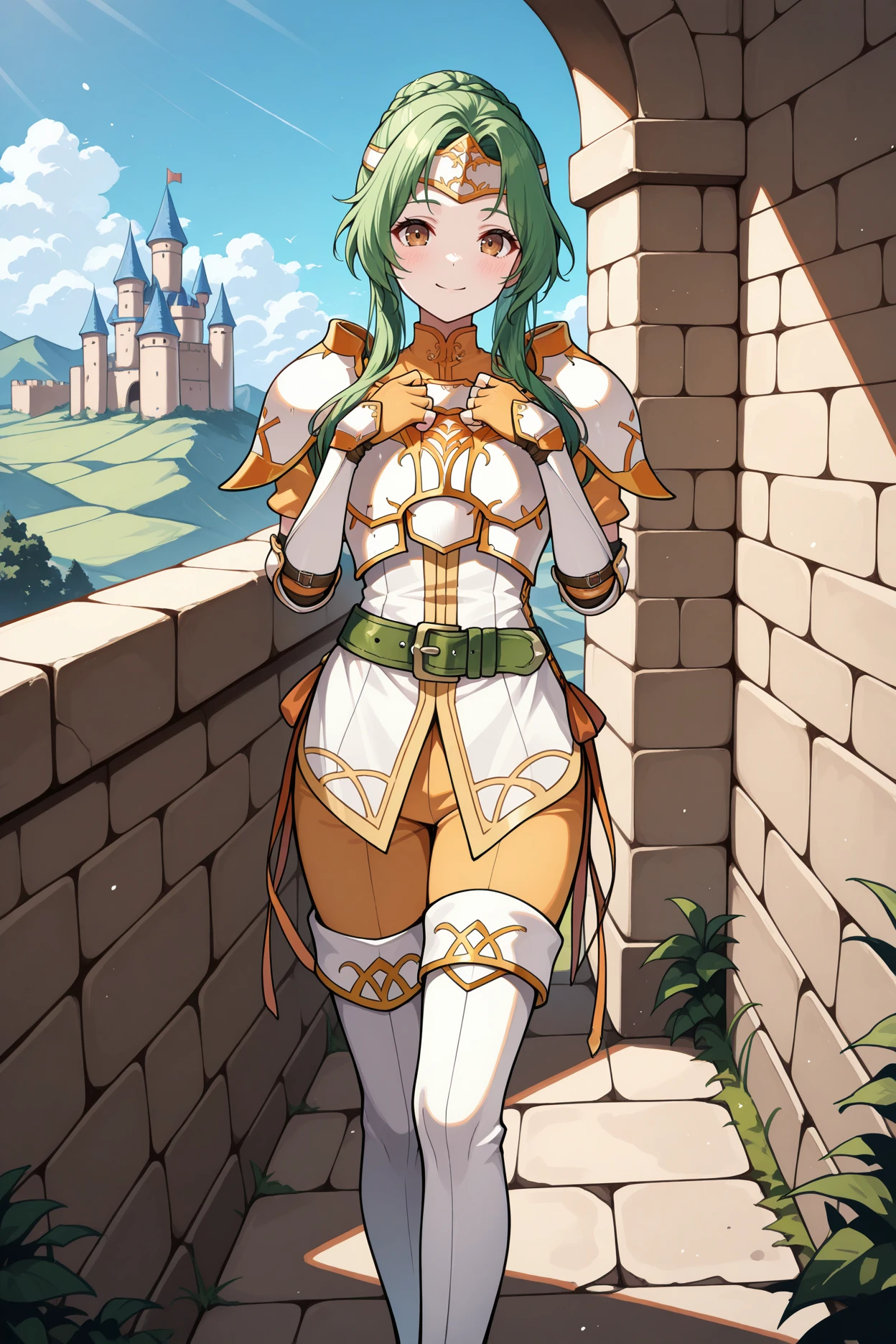 masterpiece, best quality, 1girl, solo, <lora:feelincia-illu-nvwls-v1-000006:1> dfElincia, green hair, hair bun, long hair, braid, brown eyes, white headband, white armor, shoulder armor, breastplate, white tunic, green belt, elbow gloves, fingerless gloves, white boots, thigh boots, looking at viewer, smile, castle wall, landscape, wide shot, hands on own chest, smile, blush, blue sky, gold trim