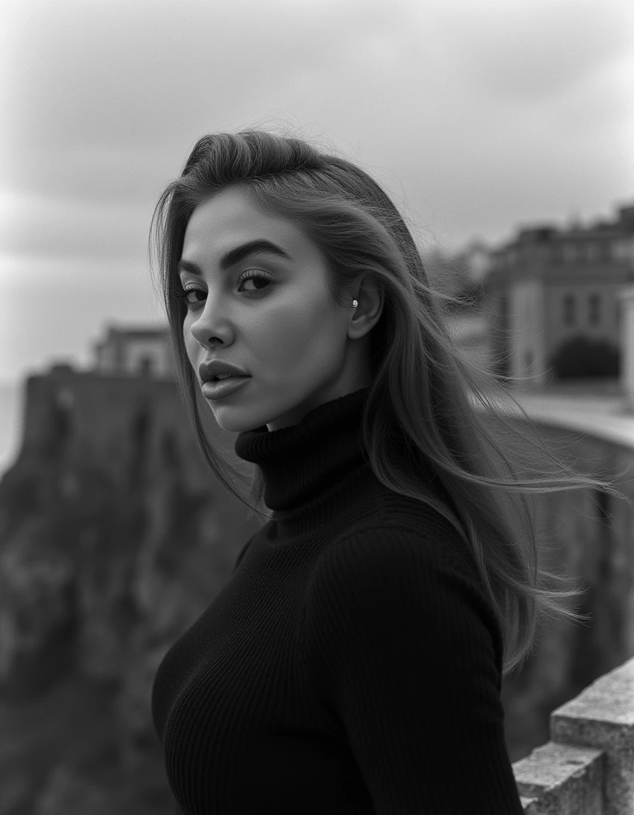 film noir style Close-up photo of a beautiful woman's face, her eyes locked intensely on the camera, as she stands on the edge of a cliff overlooking a cityscape in ruins, dramatic clouds gathering behind her, wind blowing through her hair, realistic textures, detailed expression. wearing a turtle neck sweater, <lora:valentina_fradegrada_dev_f1:1> . monochrome, high contrast, dramatic shadows, 1940s style, mysterious, cinematic
