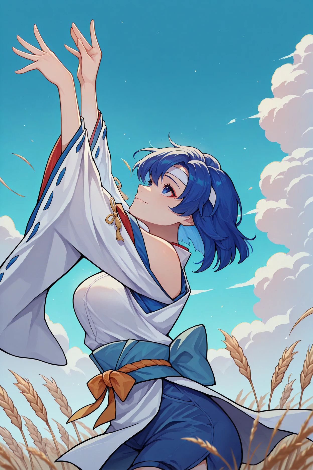 masterpiece, best quality, 1girl, solo, <lora:fecatria-illu-nvwls-v1-000005:1> wndCt, blue hair, medium hair, blue eyes, white headband, japanese clothes, sash, white kimono, bare shoulders, wide sleeves, dancing, arms up, smile, from side, wheat fields, blue sky, clouds, looking up, blue shorts