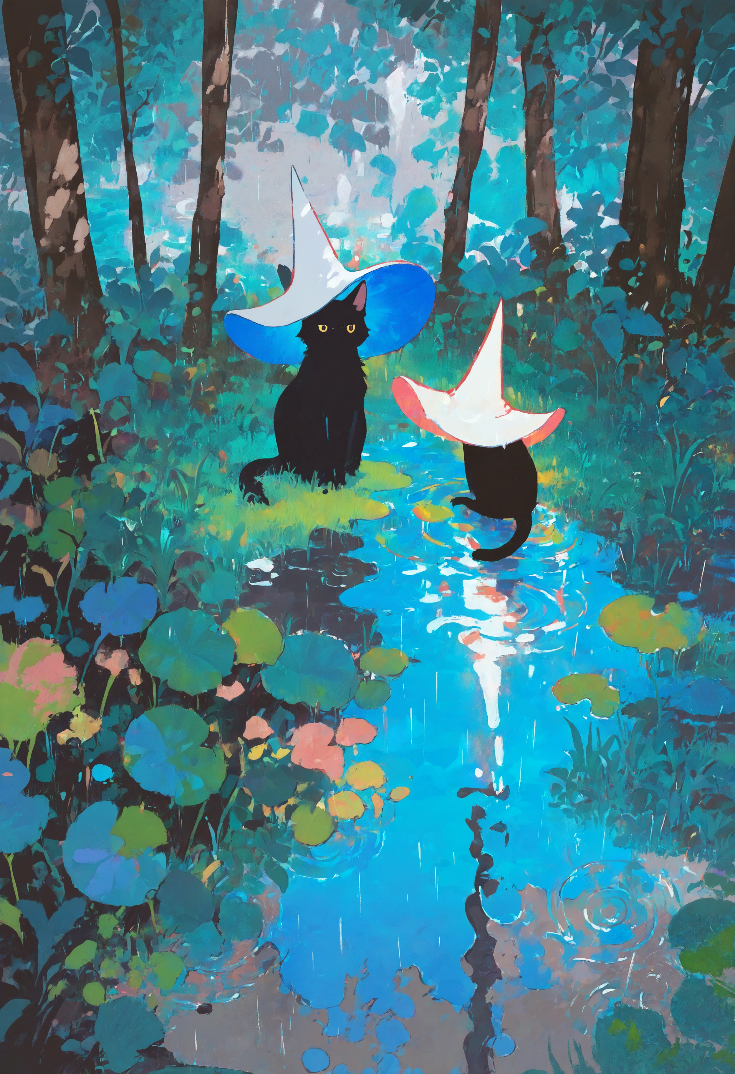 masterpiece, absurdres, newest, very awa, very detailed painting \(medium\), impressionism, blue theme, grey theme,   no humans, black cat, white headwear, witch hat, animal focus,   outdoors, grass, leaves, tree, rain, puddle, ripples,   <lora:mengxuanliart:0.75> <lora:spo_sdxl_10ep_4k-data_lora_webui>, <lora:TA_trained>,  <lora:NOOB_EPSv1_1_detailer_by_vlnvk_v0_5>,