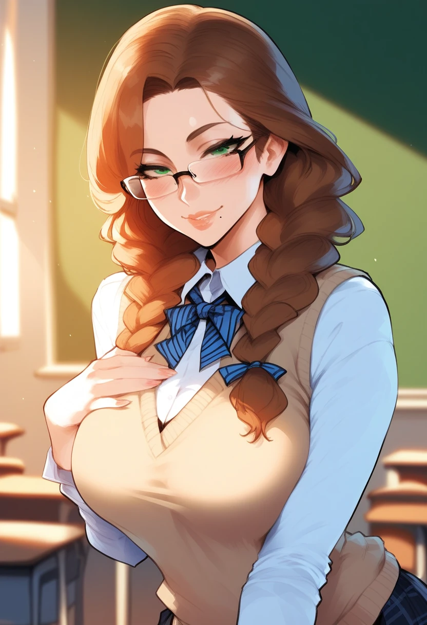 score_9, score_8_up, score_7_up, score_6_up, source_anime,<lora:CMN(Pony)0.1v:1>,
1girl, braid, glasses, solo, twin braids, brown hair, breasts, green eyes, mole, large breasts, school uniform, freckles, sweater vest, long hair, mole under mouth, looking at viewer, smile, blush, shirt, bookshelf, semi-rimless eyewear, hand on own chest, neck ribbon, ribbon, under-rim eyewear, hair over shoulder, cardigan vest, long sleeves, classroom,