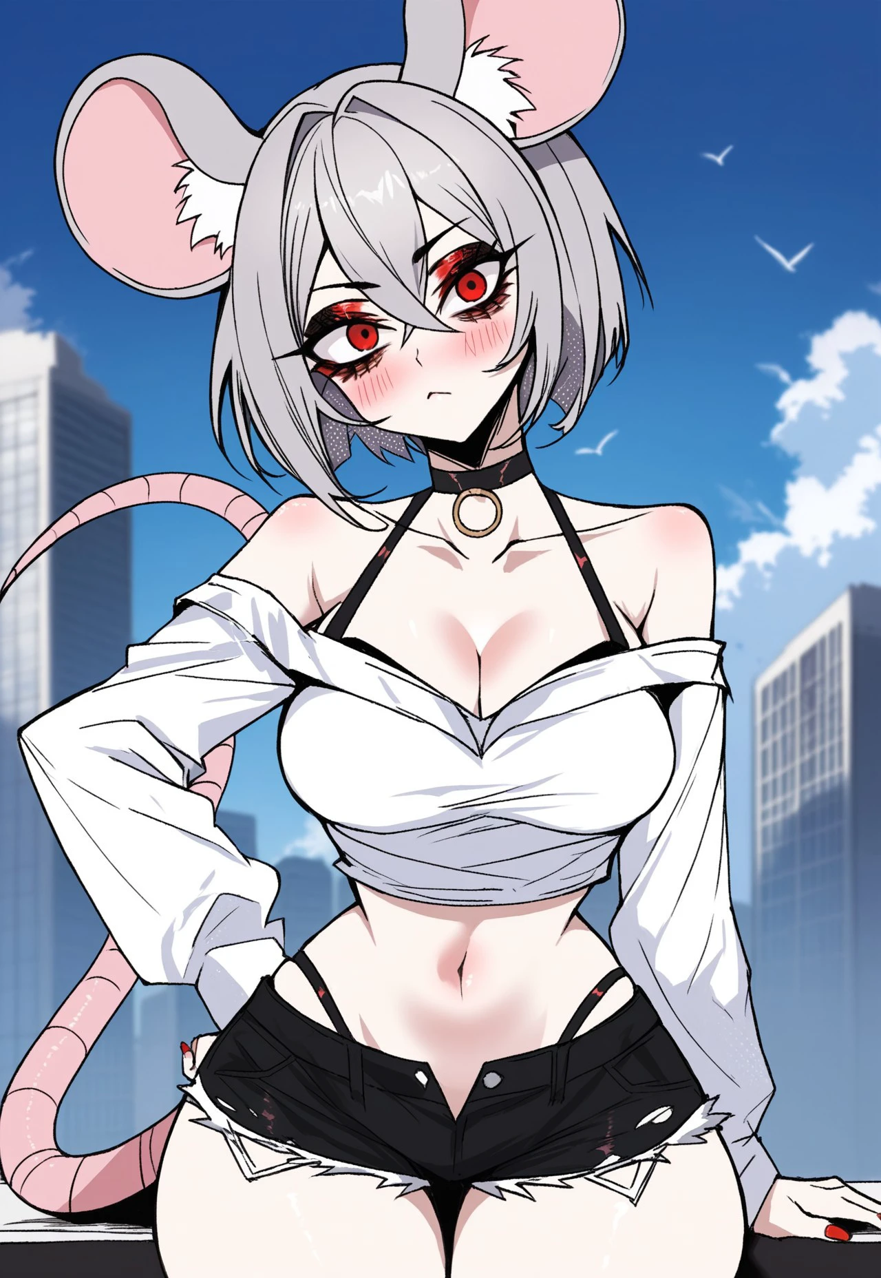 safe_pos, score_9, score_8_up, score_7_up, source_anime, highly detailed, dizzle, makeup, makeup, eyeliner, bags under eyes, city,
mouse ears, 1girl, mouse tail, shorts, animal ears, off shoulder, breasts, nazrin, mouse girl, choker, red eyes, tail, solo, navel, bare shoulders, short hair, medium breasts, short shorts, cleavage, close mouth, thick thighs, off-shoulder shirt, cutoffs, thighs, black choker, collarbone, blush, crop top, midriff, nail polish, red nails, wide hips, shirt, grey hair, hand on hip