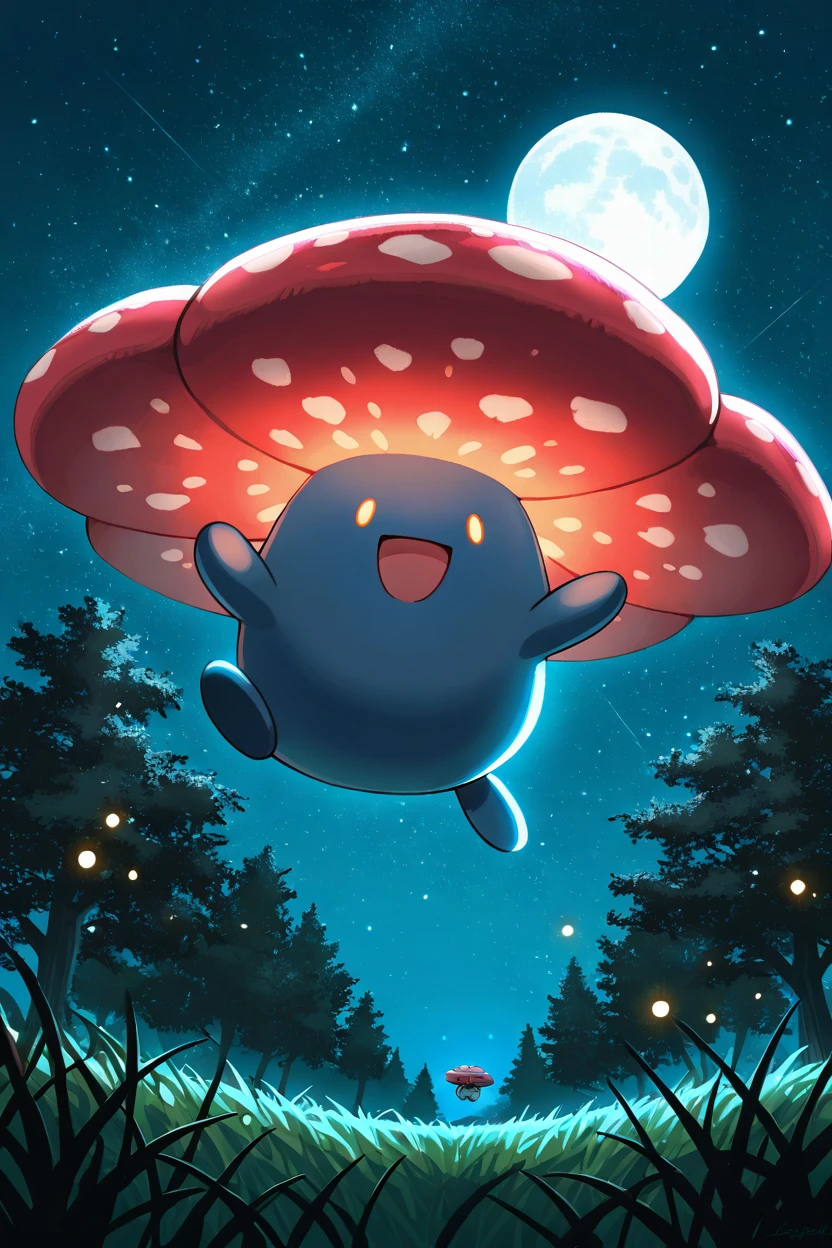 masterpiece, best quality,   Vileplume, smile, open mouth, full body, :d, outdoors, sky, tree, night, moon, happy, grass, star (sky), night sky, full moon, starry sky, jumping,  glowing,  ,<lora:VileplumePokedexIXL:1.0>,