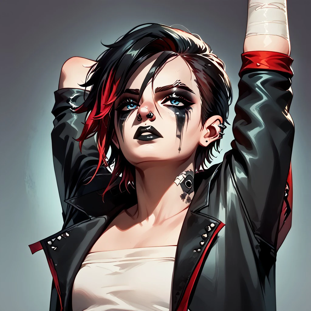 female focus, solo focus, solo, score_9, score_8_up, score_7_up, <lora:VIS2OutfitsV1.5:1> 1girl, GothVIv1, GothVifullmakeup, makeup, heavy makeup, facepaint, sarashi, piercing, short hair, bandages, jacket, black lips, blue eyes, detaield eyes, black hair, multicolored hair, red hair, cammystretch, stretching, arms up