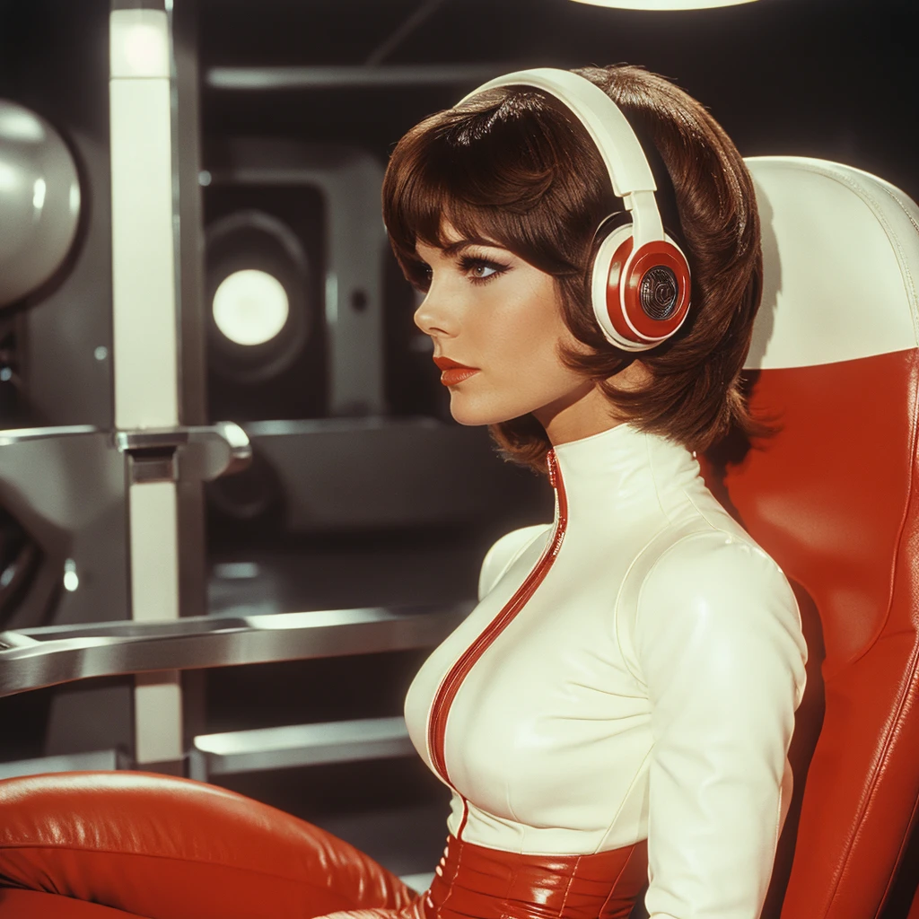 <lora:70sSci-FiMovieSD1:1> ArsMovieStill, movie still from a 1970s technicolor Sci-Fi movie, The image is a close-up portrait of a woman wearing a futuristic outfit. She is sitting on a white chair with a futuristic design in the background. The woman is wearing a red and white suit with a high neckline and long sleeves. She has short dark hair styled in a bob with bangs and is wearing large round red headphones with white ear cushions. Her makeup is dramatic and dramatic with dark eyeliner and red lipstick. She appears to be looking off to the side with a serious expression on her face. The overall mood of the image is futuristic and futuristic., 1girl, solo, brown hair, headphones, realistic, shiny, short hair, shiny clothes, bodysuit, lips