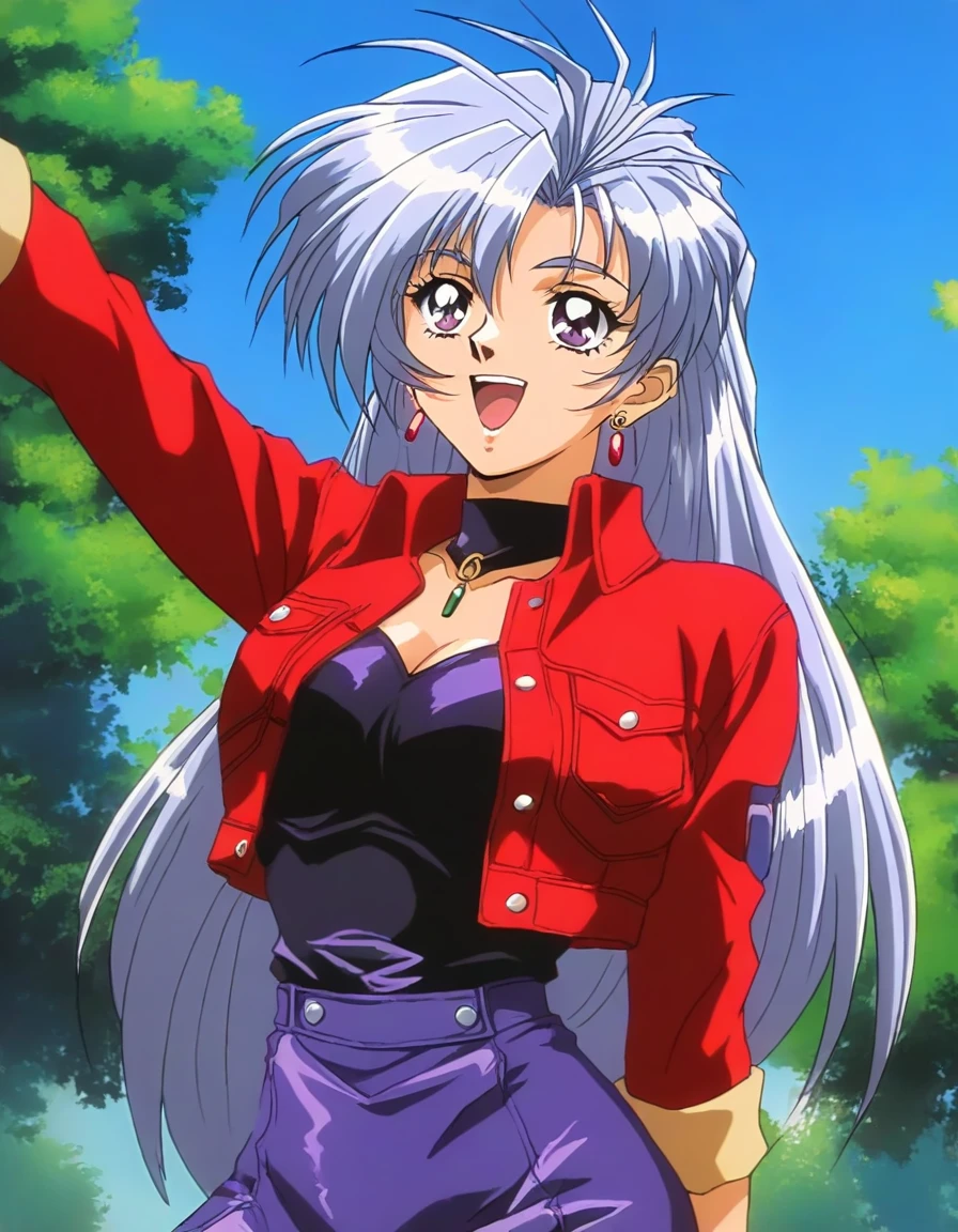 masterpiece, best quality, good quality, <lora:Serizawa_Mio_OVA_IS:1>Serizawa_Mio_OVA, 1girl, long hair, grey hair, jewelry, earrings,  large breasts, purple hair, purple eyes, cropped jacket, pencil skirt,  1990s (style),
smile, happy,
outdoor, tree, blue sky,