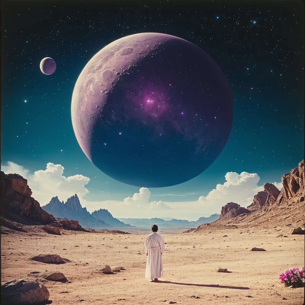 <lora:70sSci-FiMovieSD1:1> ArsMovieStill, movie still from a 1970s technicolor Sci-Fi movie, The image shows a man standing in front of a vast landscape with a large pink planet in the background. The planet appears to be a large glowing pink and purple sphere with a starry sky and a crescent moon visible in the top right corner. The man is wearing a long white robe and is standing on a concrete floor with a view of the mountains and a body of water in the distance. The landscape is filled with colorful flowers and plants and there are large rocks scattered throughout. The overall mood of the image is surreal and dreamlike., moon, star (sky), 1boy, sky, solo, male focus, night, starry sky, scenery, full moon