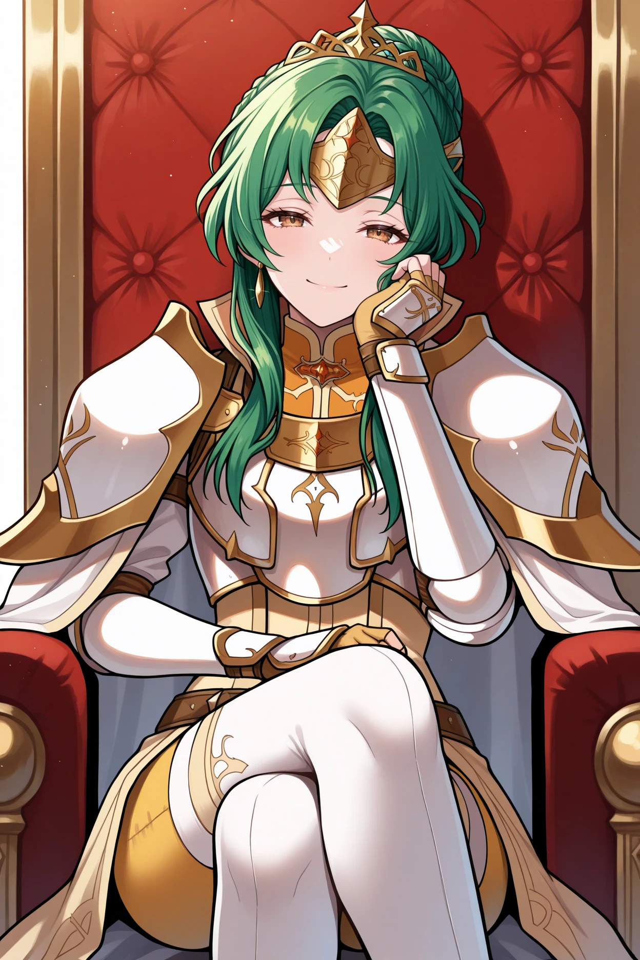 masterpiece, best quality, 1girl, solo, <lora:feelincia-illu-nvwls-v1-000006:1> lgdElincia, green hair, hair bun, long hair, braid, brown eyes, gold tiara, crown, earrings, white cape, armored dress, white armor, gold trim, yellow pants, fingerless gloves, white thighhighs, sitting, looking at viewer, head rest, half-closed eyes, smile, throne