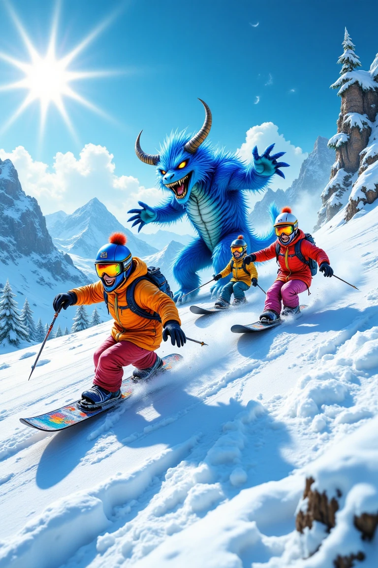 blueton monster, A playful snowboarding scene with a group of friends racing downhill, colorful jackets and gear contrasting against the pristine white snow, under a bright sunny sky.