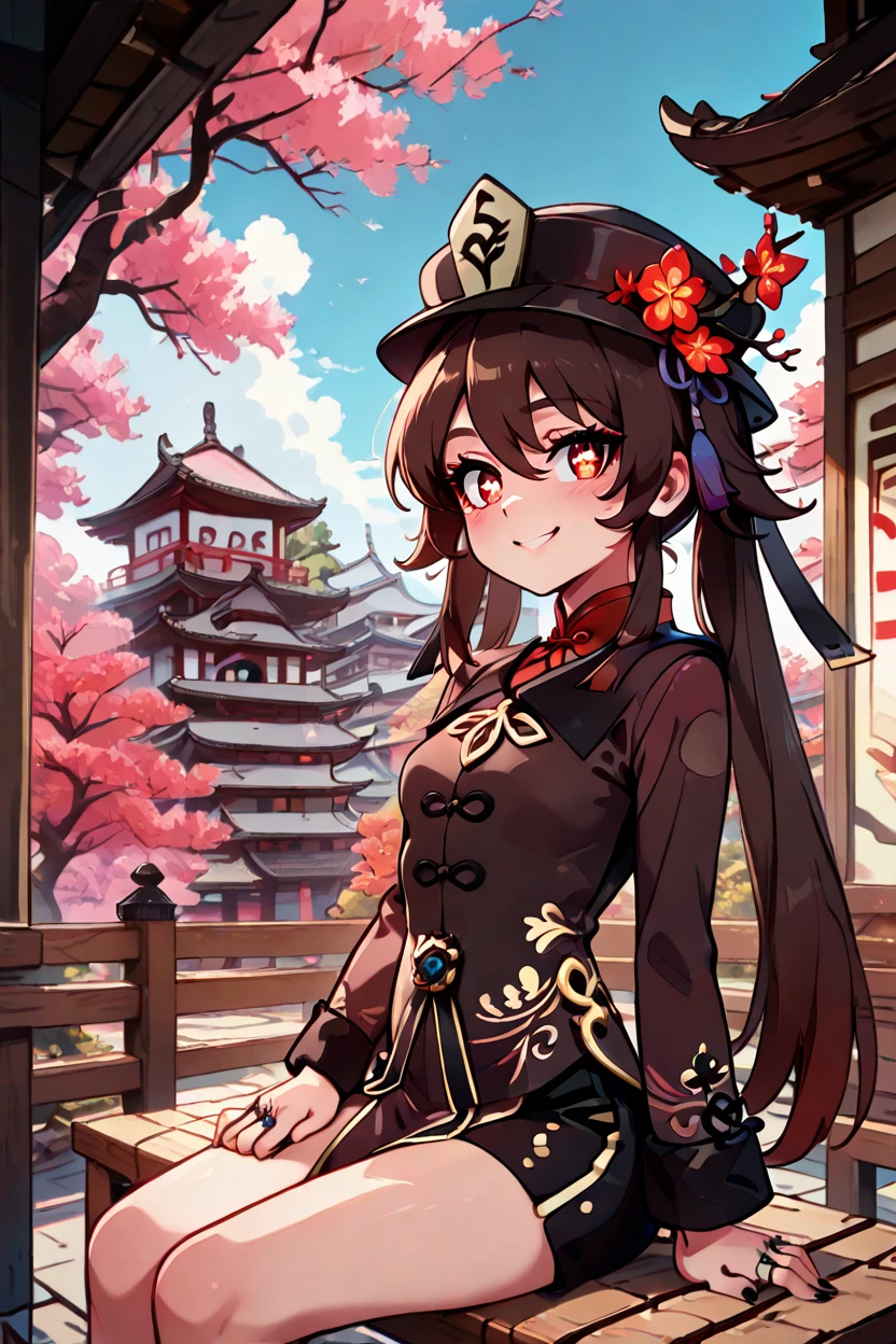 masterpiece, best quality, 1girl, solo, 21 year old model, eyelashes, (beautiful eyes),     zzHuTao, red eyes, hair between eyes, brown hair, long hair, twintails, flower-shaped pupils, long sleeves, black headwear, hat flower, jewelry, chinese clothes, black nails, ring,  ,<lora:HuTaoGenshinIXL:1.0>, ,,,sitting on bench, side view, looking at viewer solo, smile, pnkBldng, sky, day, cloud, tree, blue sky, building, architecture, east asian architecture,  <lora:PinkBuildingIXL_v2:1.0>, <lora:GoldenCATLoraIXL:0.6>,