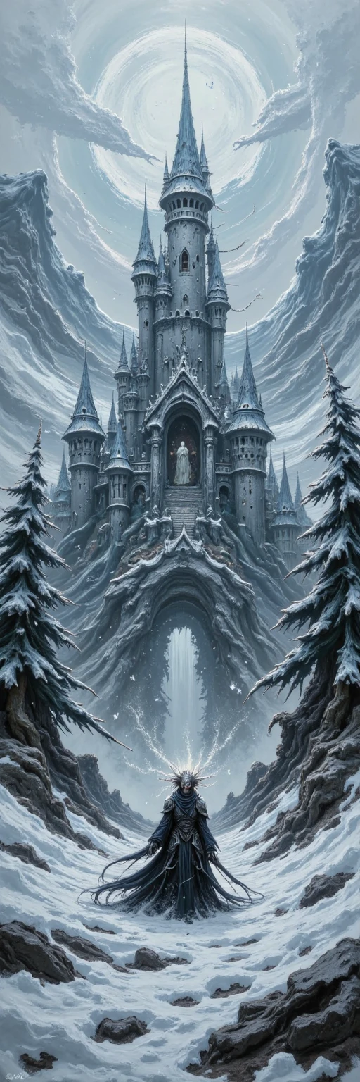 A fantastical oil painting of a towering, mystical castle, Frozen Majesty, stands regal amidst glacial grandeur, bathed in the soft, ethereal glow of aurora borealis. Brushstrokes bold and textured, reveal intricate details of frozen turrets and crystalline walls. Moonlit frosted trees and jagged ice shards glisten in the foreground, a stark contrast to the trash-encrusted, acrylic-coated Hanna-inspired background that serves as an unexpected juxtaposition. A kimono-clad figure, eyes aglow with mystical energy (eye_1), stands at the castle's base, surrounded by misty vapors and ancient runes, set against a backdrop of gome-style mysticism.,gome style, frozen,north_rest, warrior