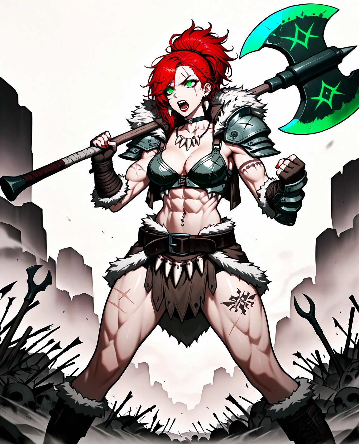 Masterpiece,best quality,lineart, 1girl,solo,choker,looking at viewer,medium breasts,collarbone,lips,red lipstick,plains,looking at viewer,
edgBarb,long hairnavel, holding, jewelry, green eyes, standing, ponytail,  earrings, boots, midriff, belt, necklace, attacking with weapon,  fur trim, tattoo,  scar,  abs, shoulder armor, muscular female, axe, navel piercing, holding axe, battle axe, tooth necklace ,wearing edgBarb_armor,serious,two handed,attacking,shouting,open mouth,teeth,glowing eyes <lora:edgBarbarianILS:0.975>