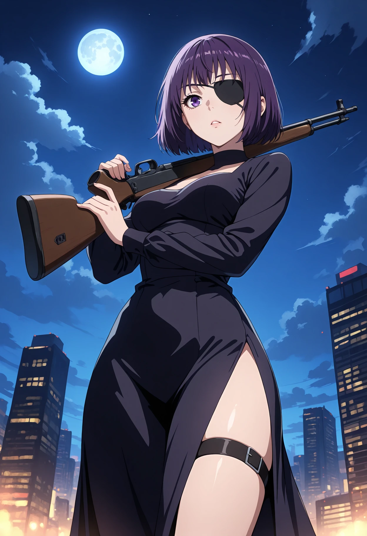 masterpiece, best quality, 1girl, solo,
<lora:Satsuki_Hyoudou_Kaichou_wa_Maid-sama_IL_V1:1>, KJOsatsuki, purple hair, purple eyes, short hair, 
long sleeves, black dress, thigh strap, side slit, holding rifle, eyepatch, holding weapon, gun over shoulder, action,
expressionless, parted lips, from below, standing, 
night sky, cloud, moon, city, 
(Beautiful, medium Breasts:1.2),