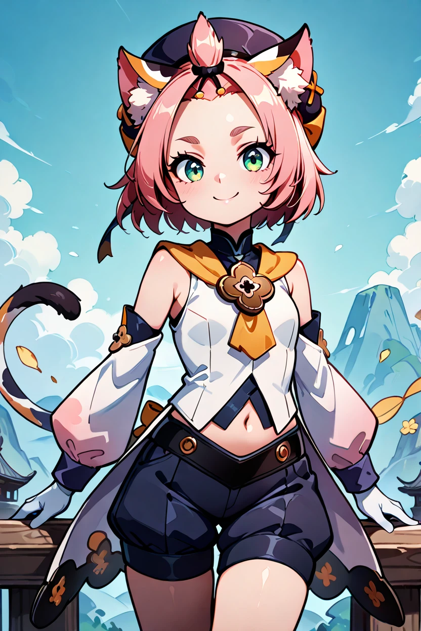 masterpiece, best quality, 1girl, solo, 21 year old model, eyelashes, (beautiful eyes),     zzDiona, green eyes, hair ribbon, pink hair, short hair, animal ears, cat ears, animal ear fluff, cat girl, short hair, bangs pinned back, hat, forehead, detached sleeves, long sleeves, gloves, shorts,   ,<lora:DionaGenshinIXL:1.0>,  BREAK,,,   smile, looking at viewer, cowboy shot, abstract background, dynamic pose, wind, <lora:GoldenCATLoraIXL:0.6>, <lora:princess_xl_v2:0.3>,