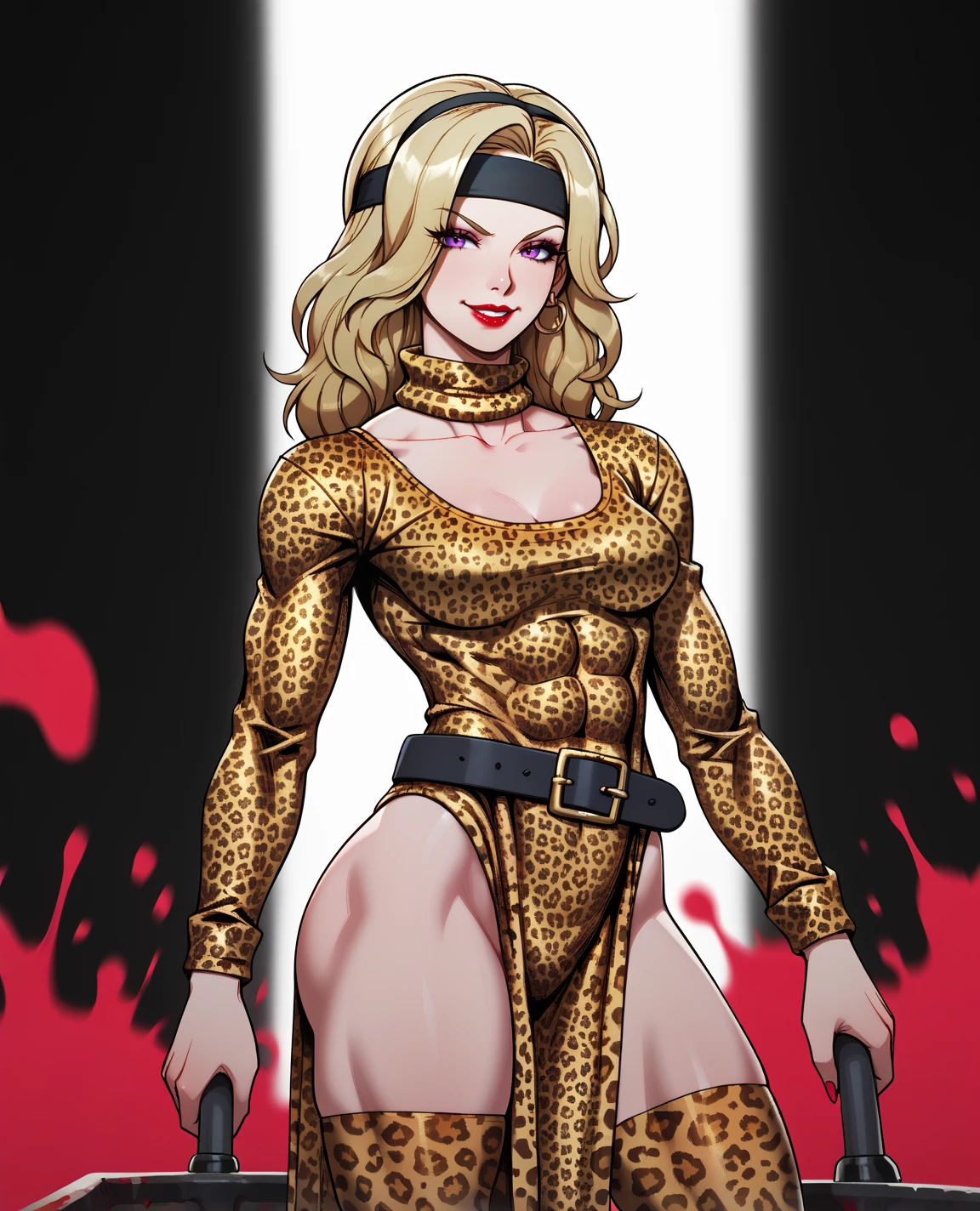 score_9, score_8_up, score_7_up, BREAK
1girl,solo,choker,looking at viewer,medium breasts,collarbone,cleavage,smile,lips,lipstick,looking ar viewer,sunglasses,straight long blonde hair,blood splatter,smirk,
edgBarb, holding club, bottomless,headband, animal print,leopard print ,wearing edgBarb_armor,thighighs,stockings,((turtleneck sweater)),belt,pelvic curtain,abs,muscular female,
 <lora:edgBarbarianPNY:1>