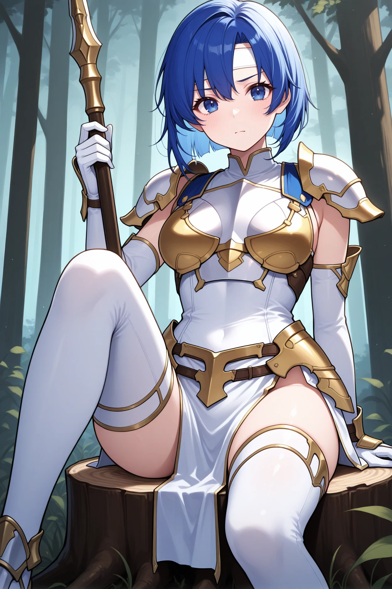 masterpiece, best quality, 1girl, solo,  <lora:fecatria-illu-nvwls-v1-000005:1> vltaCt, blue hair, medium hair, blue eyes, white headband, gold armor, armored dress, white bodysuit, white pelvic curtain, white gloves, elbow gloves, white thighhighs, holding spear, sitting on tree stump, forest, looking at viewer, tired