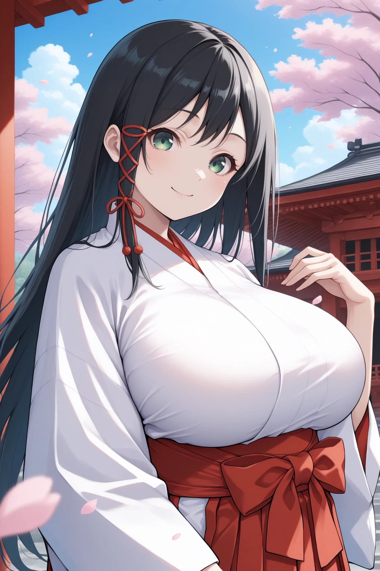 masterpiece, best quality, 1girl, solo,  <lora:amagamiyae-illu-nvwls-v1-000006:1> amagamiyae, black hair, long hair, green eyes, hair ribbon, white kimono, red hakama skirt, wide sleeves, big breasts, upper body, japanese architecture, cherry blossoms, blue sky, looking at viewer, smile